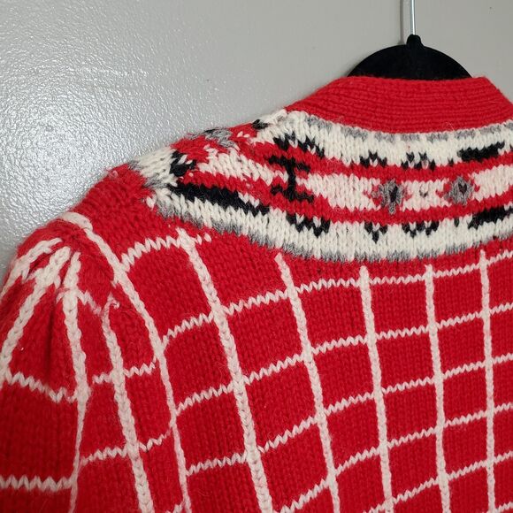 Vintage Lands' End Cardigan Sweater Womens Size Large Red Grid Floral Wool Knit - Picture 8 of 10